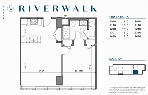 Floor plan for 1 bed, 1 bath, 752 sqft